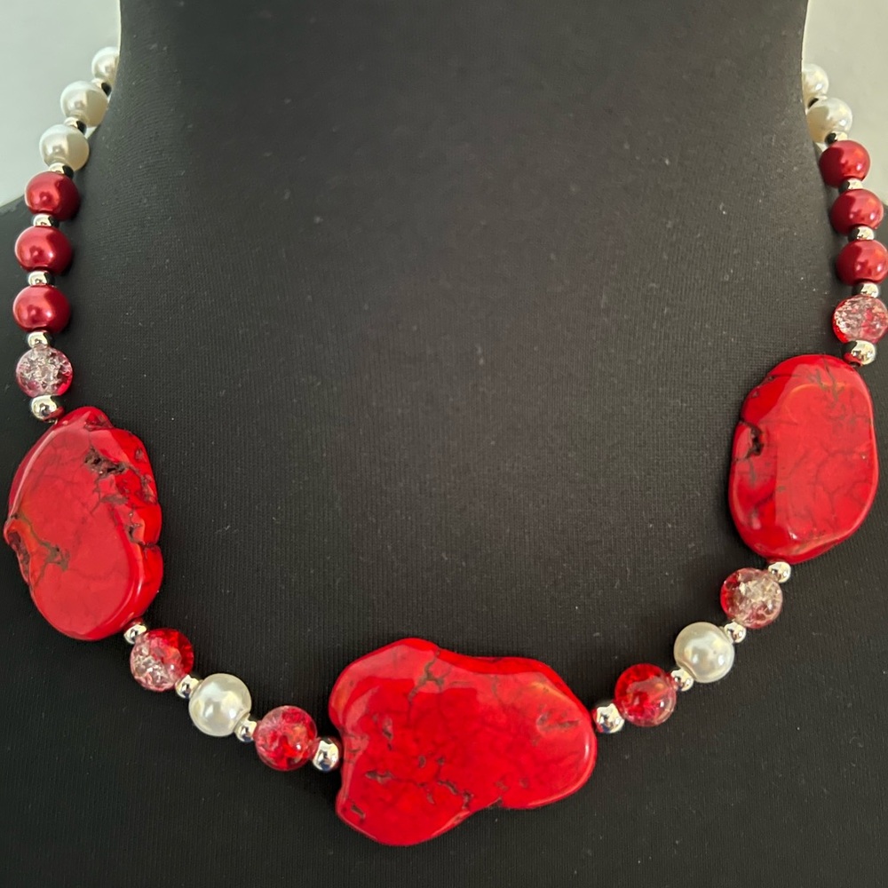 Hand Crafted by Seller. Red, white and silver plated necklace